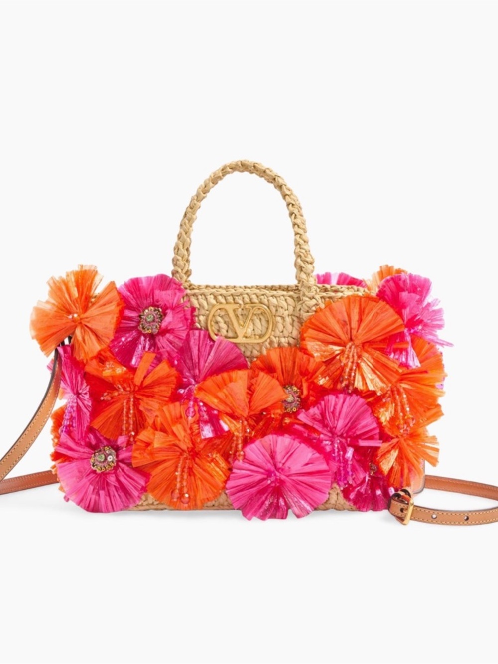 🆕 Valentino Garavani Raffia shopping tote bag with Pink and Orange Floral